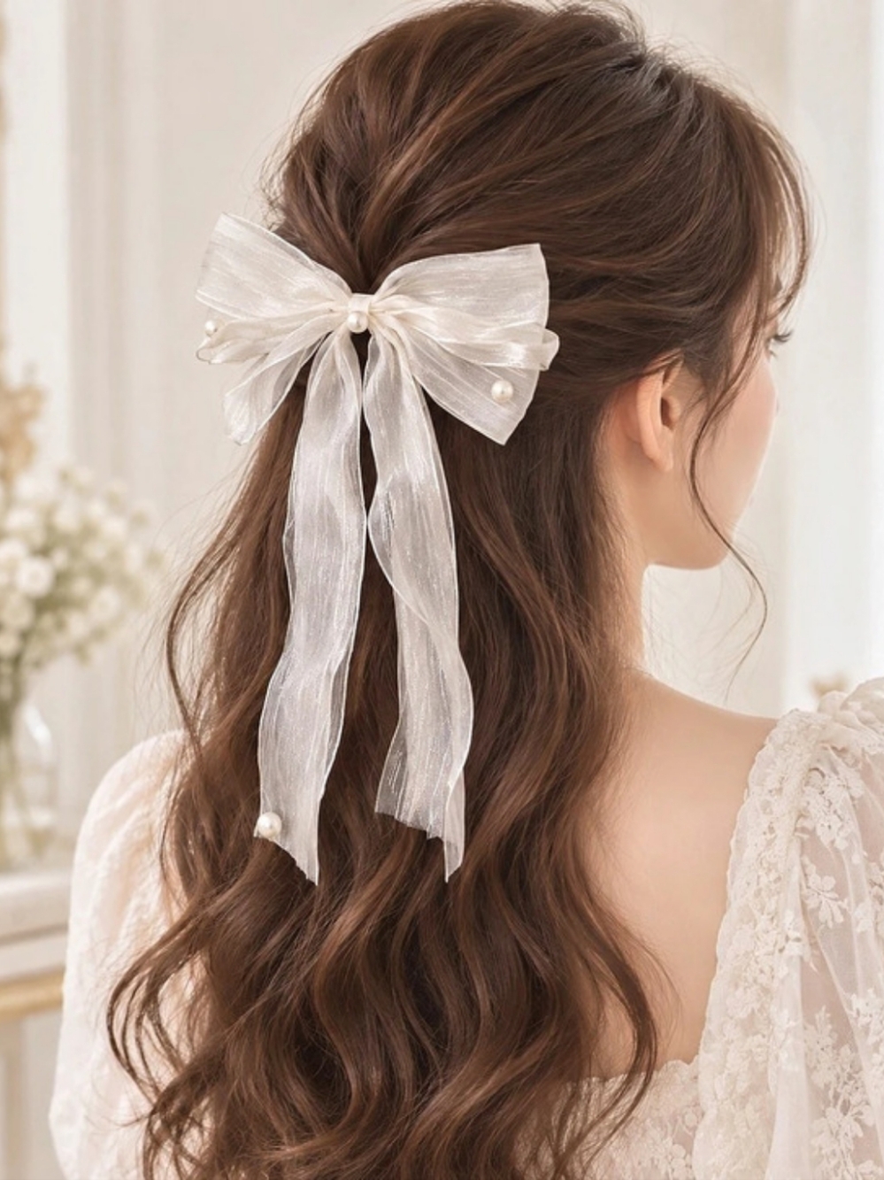 White Pearl Bow Hair Accessory
